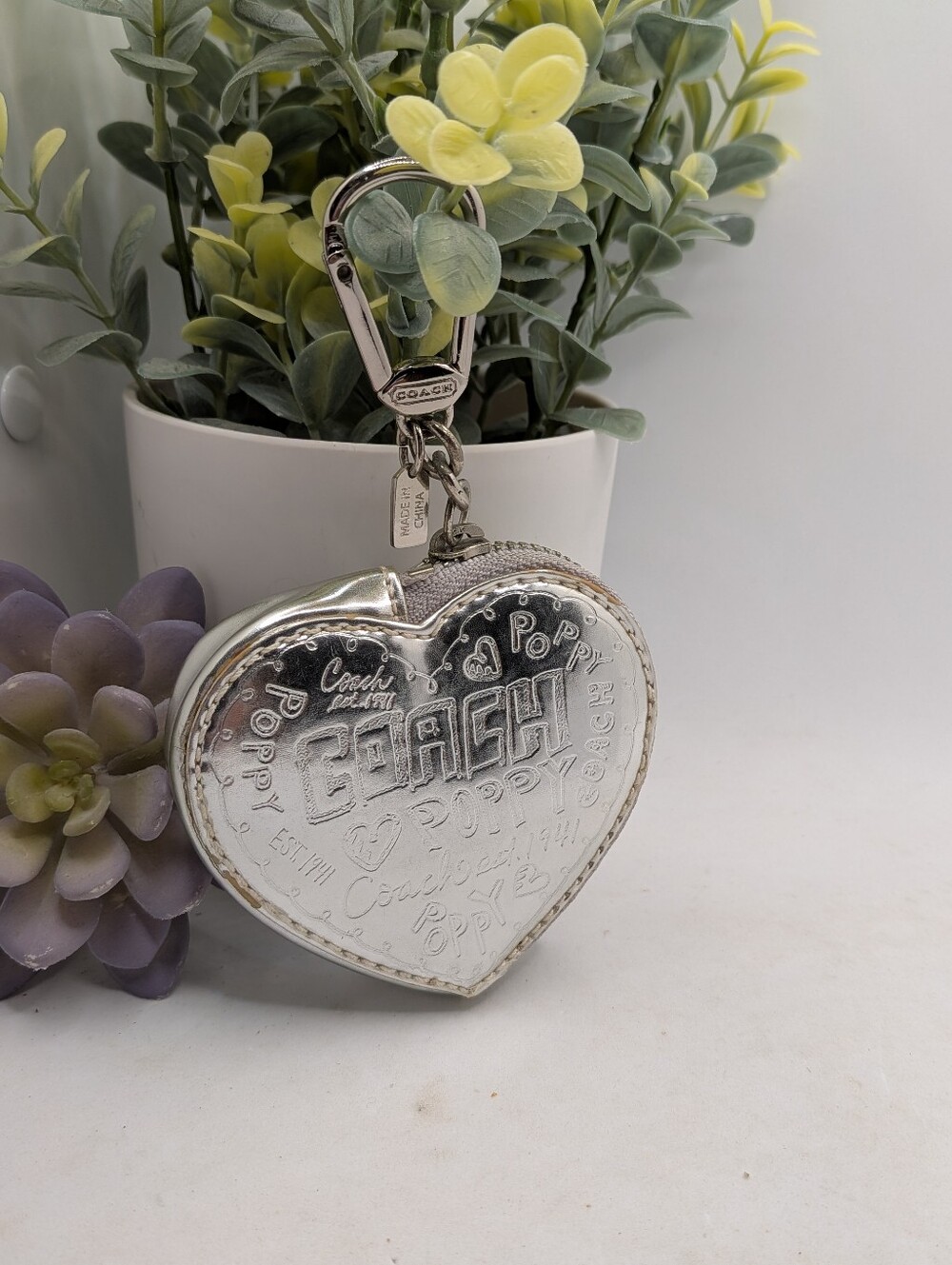 Coach Silver Heart Poppy Keychain Coin Purse